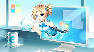 brown haired female anime character in white tank top showing up on monitor artwork