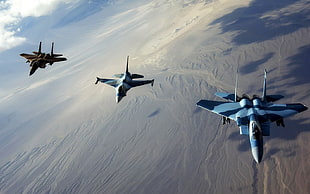 three aircrafts, aircraft, McDonnell Douglas F-15 Eagle, General Dynamics F-16 Fighting Falcon HD wallpaper