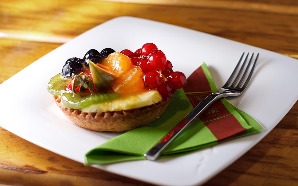 orange and raspberry pie on square white ceramic plate with stainless steel fork HD wallpaper