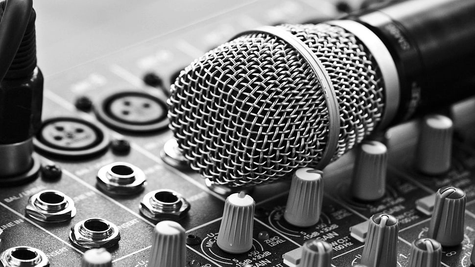 black and gray microphone and mixing console, monochrome, photography, closeup, microphone HD wallpaper
