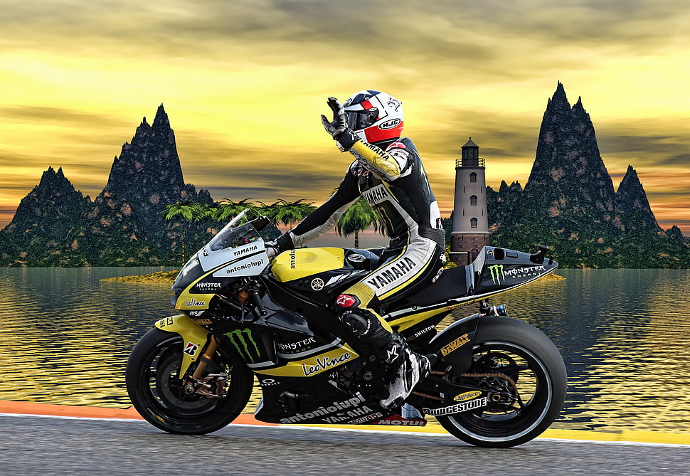 man riding black and yellow sport bike HD wallpaper