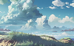 green grass field painting, 5 Centimeters Per Second, Makoto Shinkai , clouds, sunlight HD wallpaper
