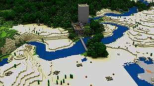Minecraft building near body of water game application