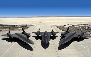three gray jet planes, military aircraft, Lockheed SR-71 Blackbird