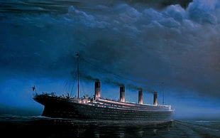 gray cruiser illustration, Titanic, sea, night, clouds