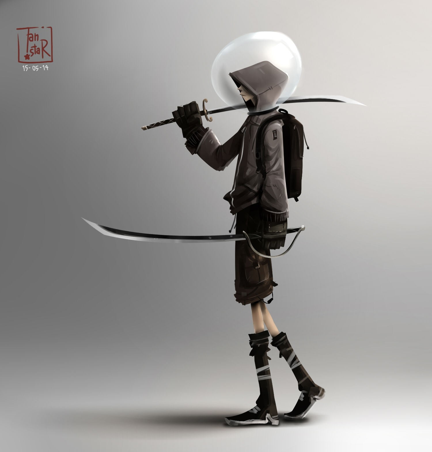 character in gray hoodie and holding two swords wallpaper