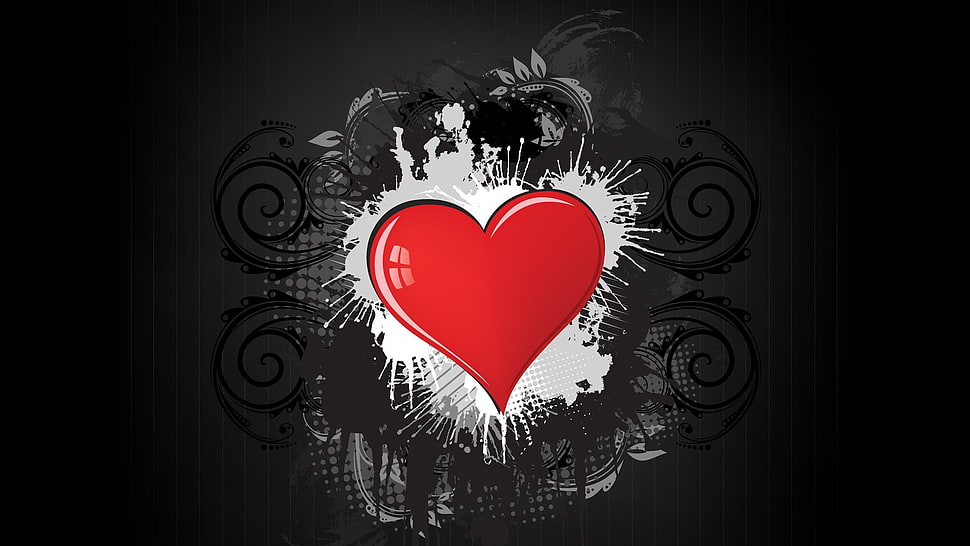 red heart with white and black background illustration HD wallpaper