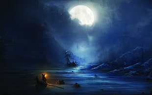 painting of full moon, artwork, concept art, boat, ship