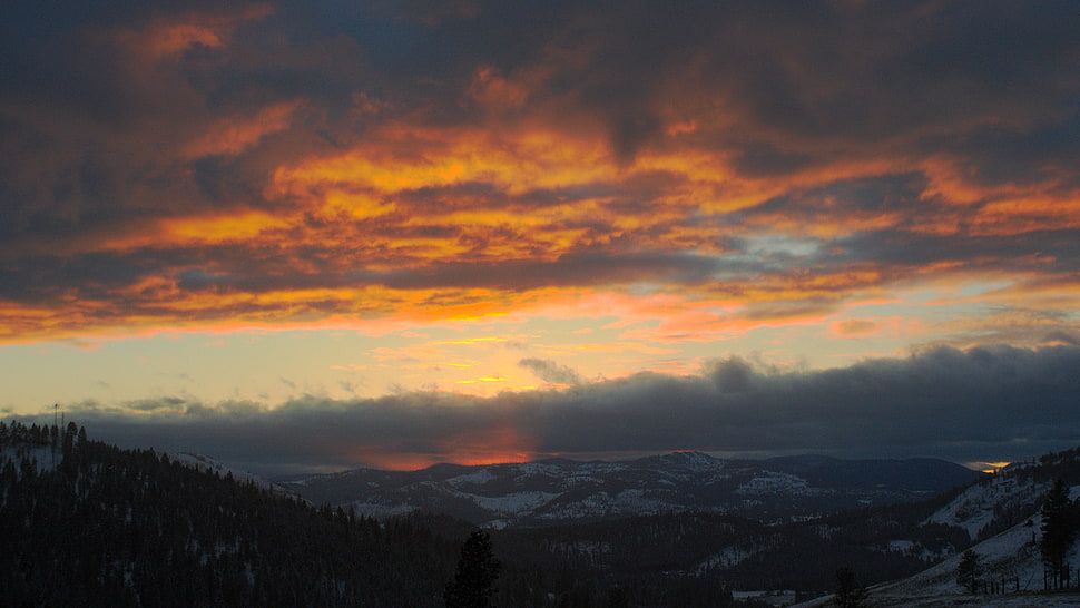 yellow and white clouds, mountains, sunset HD wallpaper