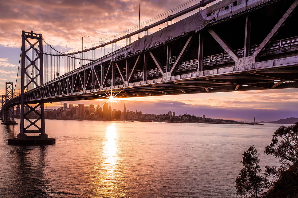 photo of gray concrete bridge during golden hour HD wallpaper