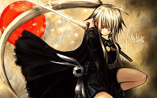 female anime character holding sword digital wallpapepr