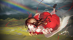 female anime character wearing red dress illustration, Touhou, Hakurei Reimu, flying, rainbows