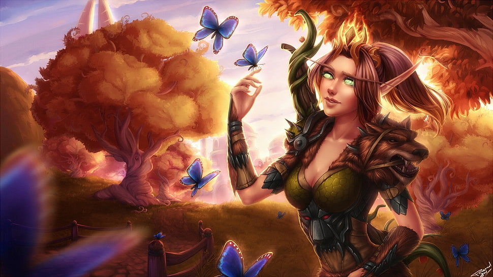 elf on forest artwork, blood elves, butterfly, fantasy art,  World of Warcraft HD wallpaper