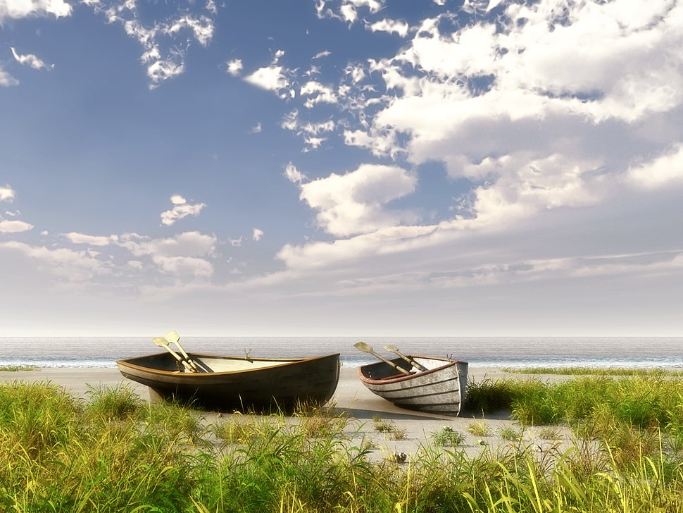 brown and gray canoes, beach, rowboat, sky, clouds HD wallpaper