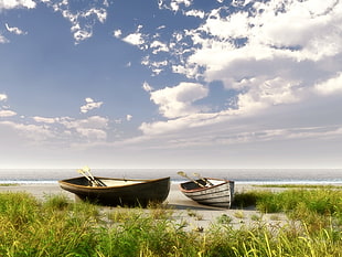 brown and gray canoes, beach, rowboat, sky, clouds