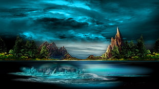 animated illustration of lake and mountains, landscape, digital art, nature