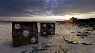 brown concrete dice, nature, landscape, beach, England