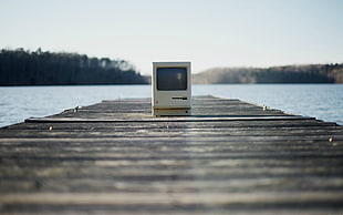 white CRT monitor, Apple Inc., computer, water, pier