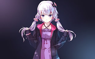 purple haired female anime character in purple dress with gray-and-pink zip-up hoodie digital wallpaper