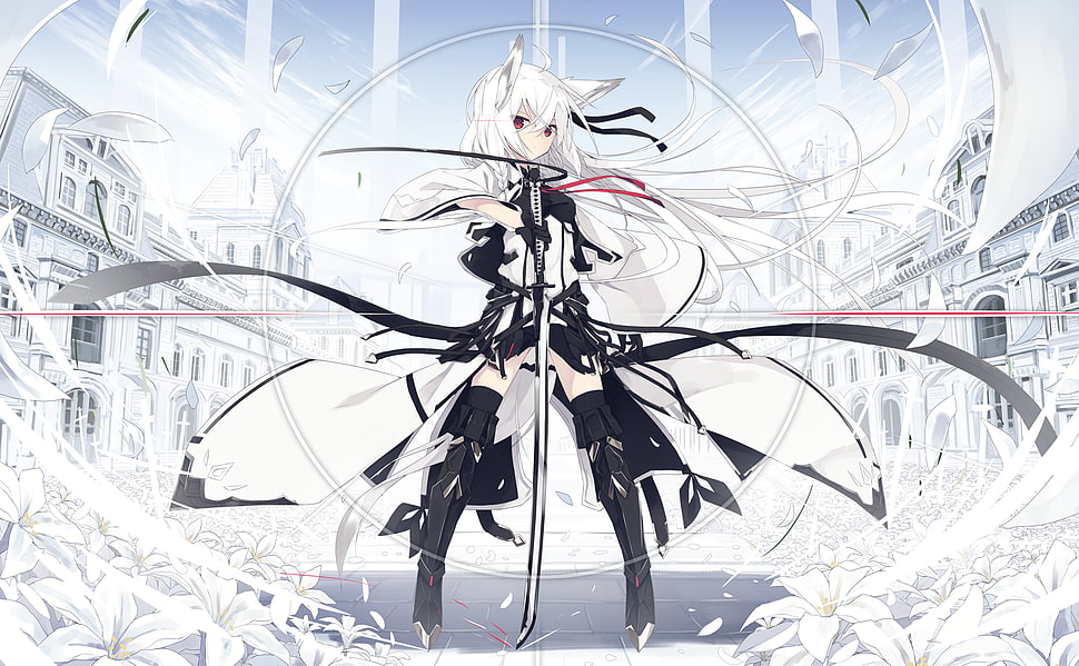female anime character illustration, white  background, animal ears, sword, thigh-highs HD wallpaper