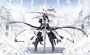 female anime character illustration, white  background, animal ears, sword, thigh-highs