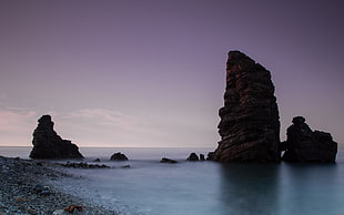 black rock formation, beach, rock, water, nature HD wallpaper