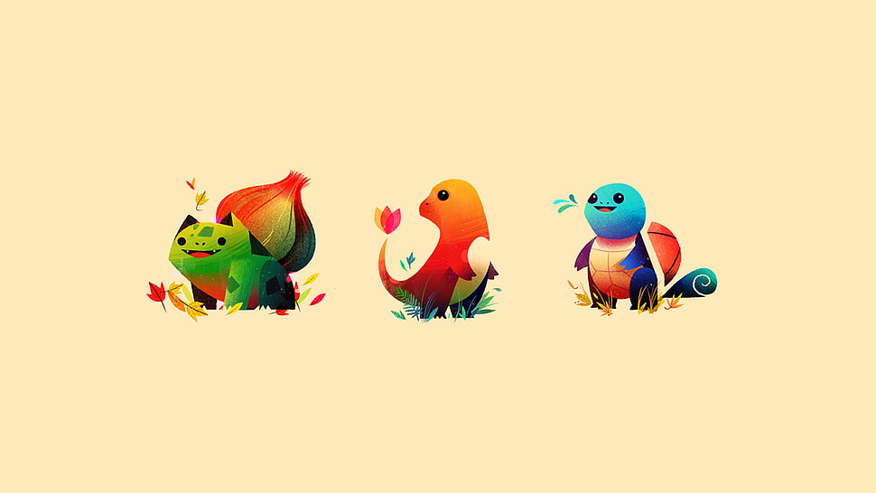 three Pokemon illustrations, Pokémon, minimalism HD wallpaper