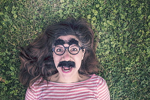 woman wearing mustache disguise HD wallpaper