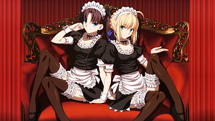 two women in black maid outfit anime characters