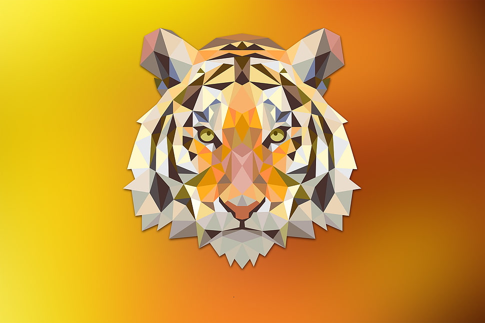 tiger 3D illustration, tiger, red, orange, triangle HD wallpaper