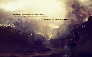 brown bare trees, quote, war, death, apocalyptic HD wallpaper