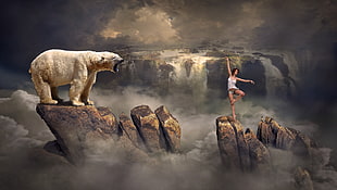 photo of a woman in white tank top doing yoga on top of large rock formations with polar bear infront painting