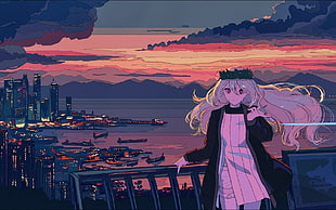 anime wallpaper, sunset, cityscape, sea, balcony