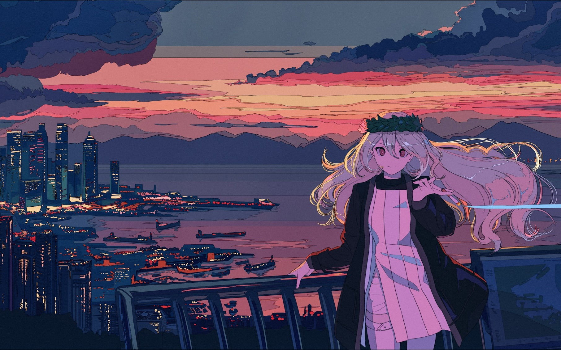 anime wallpaper, sunset, cityscape, sea, balcony HD wallpaper.