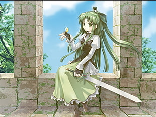 green haired female anime girl holding sword