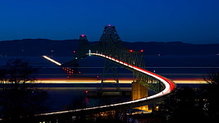 gray and red bridge, cityscape, architecture, bridge, night