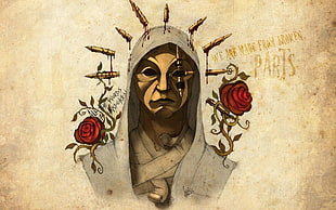 person in mask with white hood illustration, rose, ammunition, Hollywood undead
