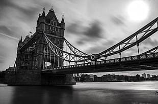 grayscale photo of Tower Bridge, London
