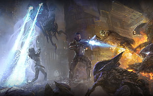 man using gun surrounded by monsters digital wallpaper, Mass Effect, Thane Krios, Miranda Lawson, Commander Shepard HD wallpaper