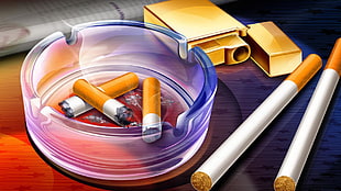 cigarette stick, ashtray, and flip lighter
