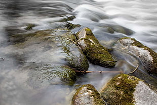 depth of field photography of continues flow of body of water passing rocks HD wallpaper