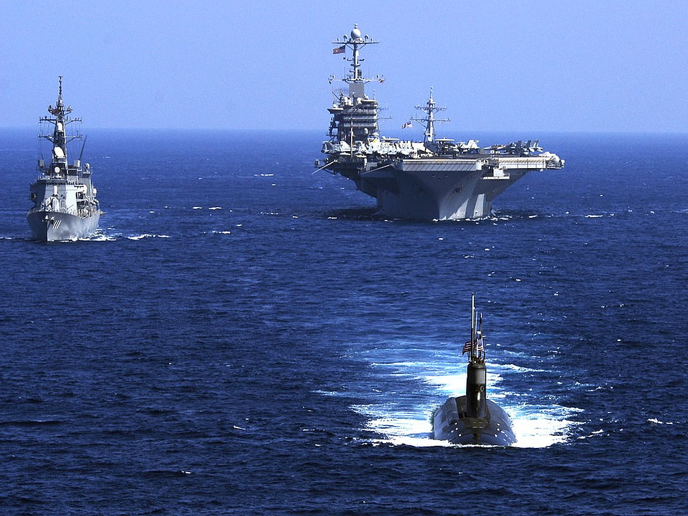 gray submarine, warship, aircraft carrier, military, sea HD wallpaper
