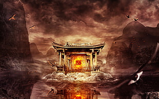 temple in the middle of body of water painting, digital art, fantasy art