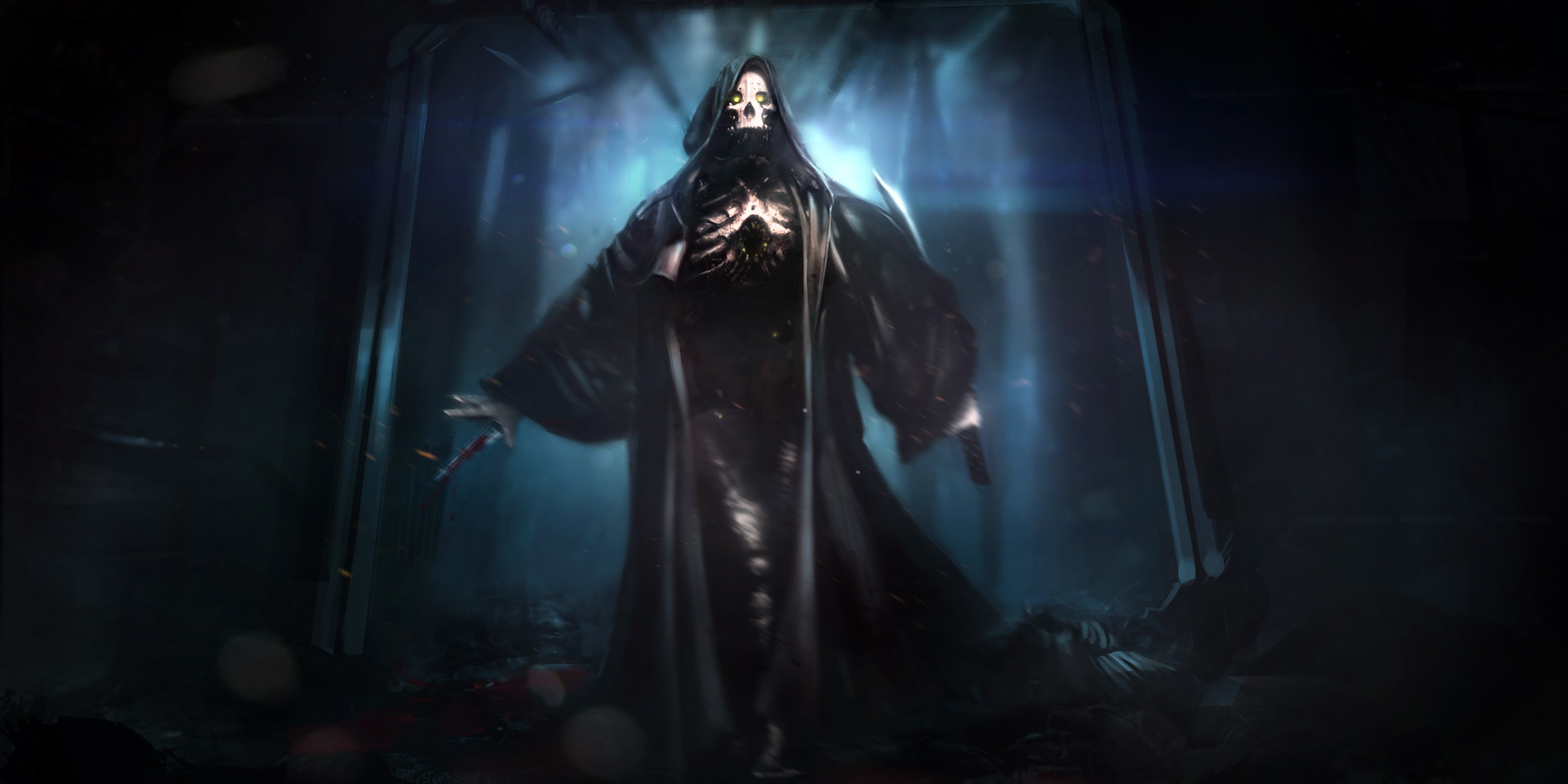 grim reaper poster, death, dark, fantasy art, skeleton
