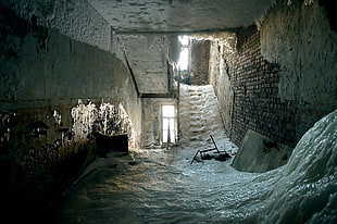 grey stone interior, ice, stairs, indoors