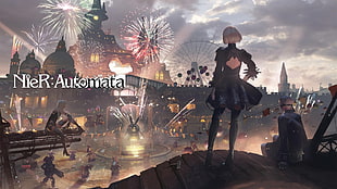 black and white floral print table lamp, video games, Nier: Automata, 2B, fireworks HD wallpaper
