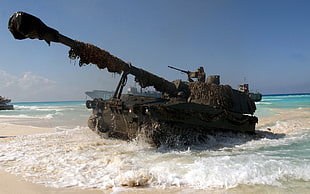 black war tank, tank, beach, M109A5, water