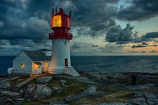 white lighthouse, photography, lighthouse, sea