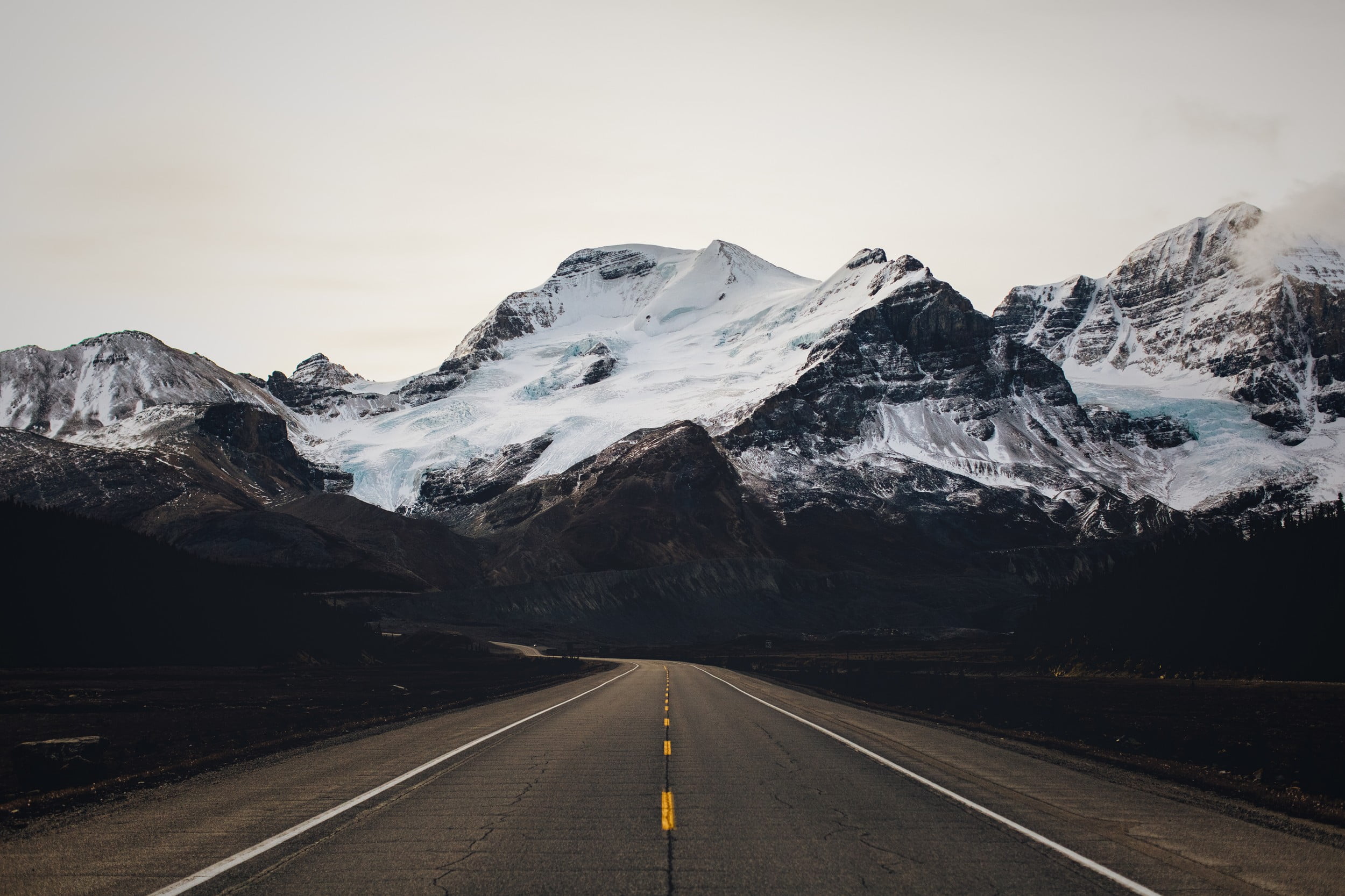 snow-capped mountains, nature, mountains, road HD wallpaper.