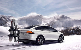 white coupe, Tesla Model X, car, snow, snowboards
